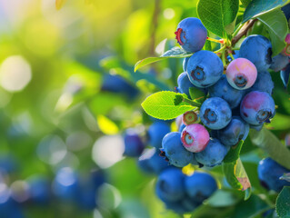 Poster - Fresh bunch of blueberries on the bush with a backdrop of green leaves.