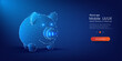 Digitalized piggy bank glows in neon blue, symbolizing modern savings and futuristic finance technology. Futuristic Digital Piggy Bank Concept in Blue Wireframe on Dark Background. Website Landing.