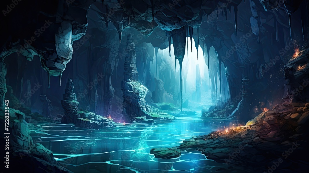 Hidden cavern illuminated by glowing crystals and mysterious ...