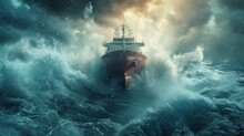 Storm Over The Sea, Cargo Ship In A Storm