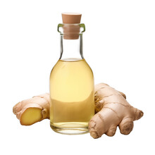 Fresh Raw Organic Japanese Ginger Oil In Glass Bowl Png Isolated On White Background With Clipping Path. Natural Organic Dripping Serum Herbal Medicine Rich Of Vitamins Concept. Selective Focus