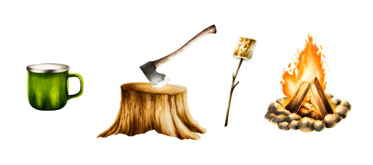 Watercolor camping axe in wooden stump, campfire and roasted marshmallow, metal green cup illlustrations. Mountin equipment for recreation tourism and adverture isolated on white b