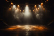 empty Illuminated stage with scenic lights and smoke. white gold spotlight with smoke volume light effect on black background. Stadium cloudiness projector,orange Stage light at a concert
