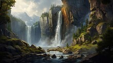 Grand Waterfall Descends Elegantly Down A Rocky Precipice. Spectacular Sight, Cascading Flow, Rugged Cliffside, Stunning Natural Landscape, Mesmerizing Cascade. Generated By AI.