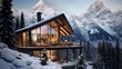 Enchanting Swiss chalet nestled among the snowy alpine peaks. Enveloped by snow-capped mountains, charming mountain chalet. Generated by AI.