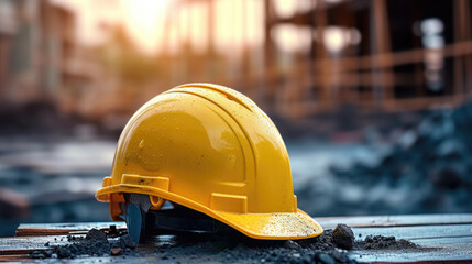 Construction concepts. yellow safety helmets blueprints on the engineering desks. Hard safety wear helmet hat on desks at construction site