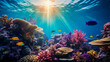 Suns rays penetrate sea surface and illuminate multicolored coral reef with floating fish