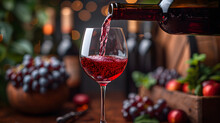 Red Wine Being Poured Into A Glass With A Blurred Background Of A Dinner Setting.