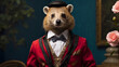 Anthropomorphic Coati Mundi dressed up as an English gentleman wearing a suit, a hat, and a bow tie.