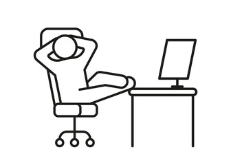 Wall Mural - Person relax on work chair on computer, line icon. Man rest on workplace, calm on chair. Lazy tired person, break time. Vector