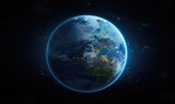 Fototapeta  - an earth planet that is situated in the dark viewed from space universe with blue light ring around it.