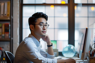 Wall Mural - Focused young man working on computer in a modern office setting with natural light.