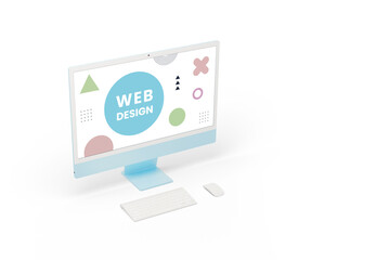 Poster - Computer display on a white background, featuring Web Design text with various graphic elements. Minimalistic super clean and modern