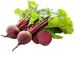 Two red beets with lush green leaves, cut out - stock png.