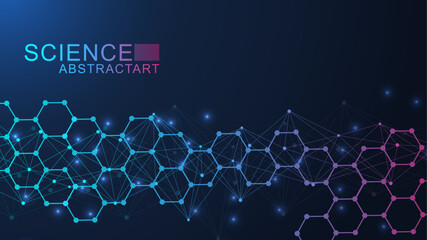 Poster - Modern scientific background with hexagons, lines and dots. Wave flow abstract background. Molecular structure for medical, technology, chemistry, science. Vector illustration