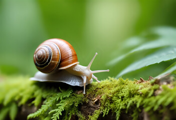 Wall Mural - close-up of a clam walking in a lush forest