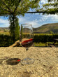 wino w kieliszku stojącym na kamiennym stole na tle winnicy