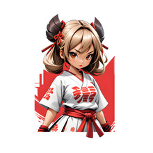 A Samurai Girl In A Kimono With Red Accents And A Red Background. The Girl Is Angry And Has A Fierce Expression On Her Face