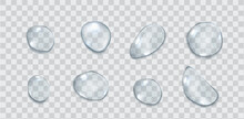 Clear Liquid Blobs Group Realistic Vector Illustration Set. Irregular Water Drops Upper View. Droplets 3d Elements On Transparent Background