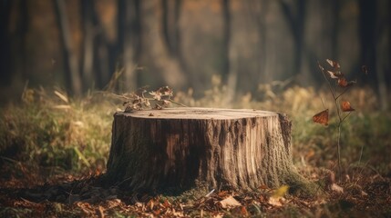 Wall Mural - Scenic autumn forest background with stump like a minimal product podium display with copy space. Beautiful outdoor backdrop.