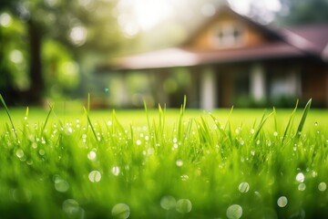 Wall Mural - Morning dew on green grass, raindrops, lawn in front of a house.