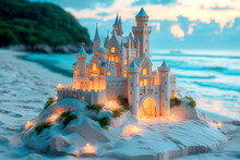 Beautiful Sandcastle On Evening Stand On Sea Or Ocean Shore, Resort Concept, Castle Made Of Sand, Clay And Mud Is Beautiful