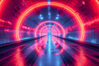 Abstract background of a fictional tunnel in neon colors. Dreamy, psychedelic and surreal concept for the design and visual trends Psychic Waves and Dynamic Dimensions.   