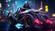 A futuristic renegade in high-tech leather stands beside a modified hoverbike in a vivid neon cityscape, capturing the essence of a daring rebel in a photorealistic cyberpunk metropolis.
