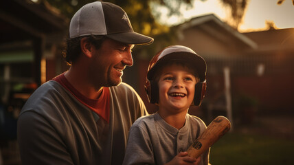 Wall Mural - Father and son eagerly prepare for a baseball game under the warm backyard glow.