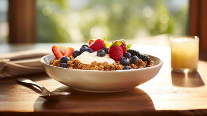 Wall Mural - A beautiful breakfast scene with Greek yogurt, fresh berries, granola, and sunlight.