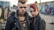 © SashaMagic - A punk man and girl, their expressions defiant, stand in a post-apocalyptic street with tattered graffiti-covered walls.