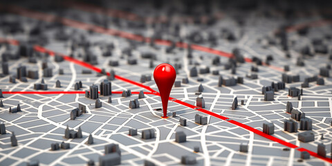 Poster - Conceptual 3D City Map with Red Location Pin Marker Highlighting Destination on a Detailed Grey Urban Street Grid Background for Navigation
