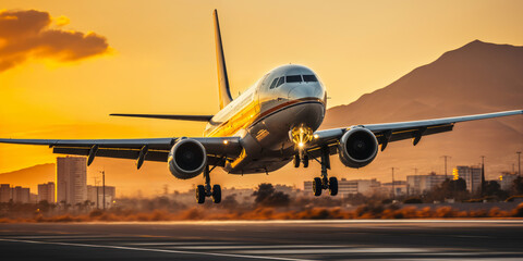 Wall Mural - Commercial Airplane Taking Off from Runway at Sunset with Cityscape and Mountains in Background