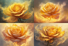 Set Of Four Yellow Roses, Surrounded By Smoke.