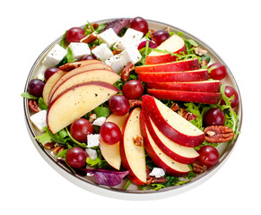 Wall Mural - Fresh Apple Salad with Grapes, Pecans, Arugula and Feta, Fall Salad on White Background