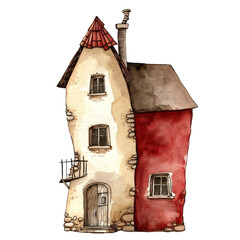 Watercolor illustration of red cute quirky house isolated on background, PNG transparent background