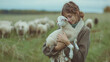 © Meritxell Cid - Una chica trabajando en una granja sostiene entre sus brazos una oveja