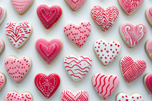 Valentine's Day Heart-shaped Cookies, Each With A Unique Pattern Of Red And Pink Icing. 
