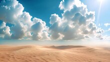 Beautiful Desert Landscape With White Clouds Moving In The Wind. Abstract Fantastic Desert Dune In Seasoning Landscape With Arches, Panoramic, Futuristic Scene With Copy Space, Blue Sky And Cloudy. Mp
