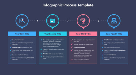 Fototapete - Infographic process template with four steps - dark version. SImple chart design for workflow layout, diagram, banner, web design.