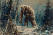 Bigfoot in snowy forest, antique old colored style art. Generative AI image.