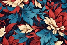 Artistic Blue And Red Floral Pattern. Generative AI