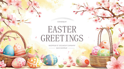 Wall Mural - Easter basket with eggs and bunny decorated with flowers. Happy easter