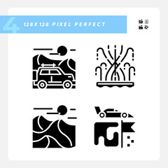 Poster - Sightseeing Dubai tourism black glyph icons set on white space. Jeep trip. Dune bashing safari. formula one grand prix racing. Silhouette symbols. Solid pictogram pack. Vector isolated illustration