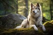 A majestic canine in the dense alpine woods. Generative AI
