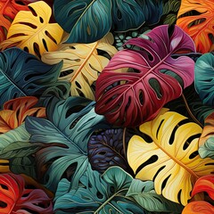 seamless pattern with colorful monstera leaves on bright hawaiian background. Tropical texture ornament for fabric and textile decoration