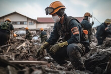 Japanese Male Rescuers In Uniforms And Helmets Tear Through The Rubble Of Houses After The Earthquake.