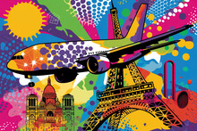 Travel Europe - Pop Art Plane And European Landmarks, Cartoon Comic Illustration Cool Funky Colorful