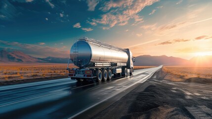 Wall Mural - Big fuel tanker truck shipping fuel on highway road in motion. Gasoline tanker, oil trailer, fast driving