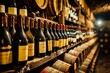 Elegant wine cellar with a collection of bottles on wooden shelves and oak barrels, showcasing variety and vintage.